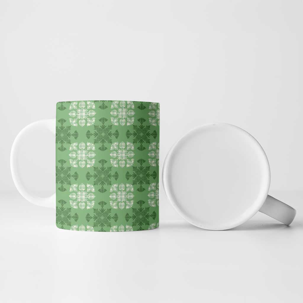 Green Hawaiian Quilt Ceramic Mug Hawaii Pineapple Monstera Palaka Motifs - Polynesian Pride