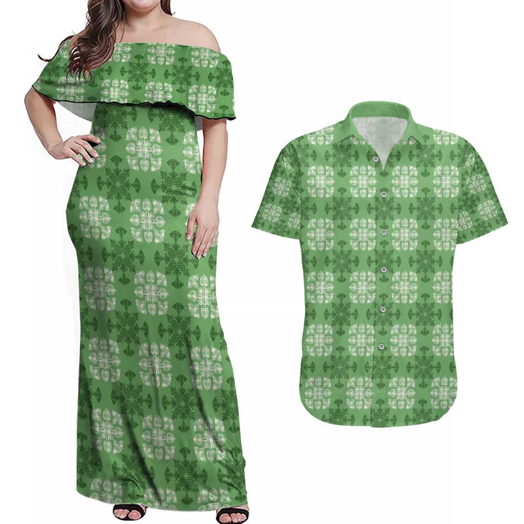 Green Hawaiian Quilt Couples Matching Off Shoulder Maxi Dress and Hawaiian Shirt Hawaii Pineapple Monstera Palaka Motifs - Polynesian Pride