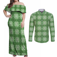 Green Hawaiian Quilt Couples Matching Off Shoulder Maxi Dress and Long Sleeve Button Shirt Hawaii Pineapple Monstera Palaka Motifs - Polynesian Pride