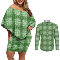 Green Hawaiian Quilt Couples Matching Off Shoulder Short Dress and Long Sleeve Button Shirt Hawaii Pineapple Monstera Palaka Motifs - Polynesian Pride