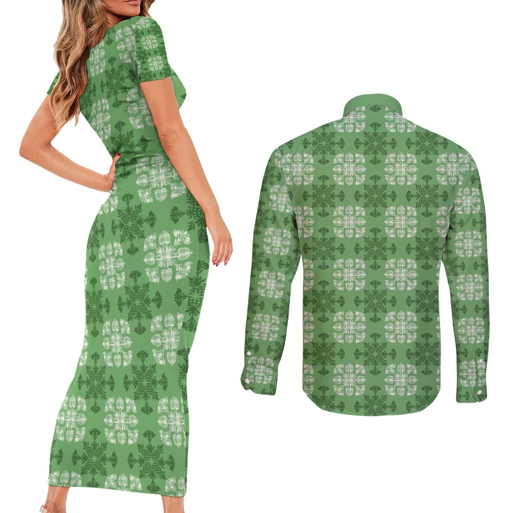 Green Hawaiian Quilt Couples Matching Short Sleeve Bodycon Dress and Long Sleeve Button Shirt Hawaii Pineapple Monstera Palaka Motifs - Polynesian Pride