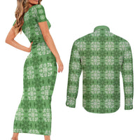 Green Hawaiian Quilt Couples Matching Short Sleeve Bodycon Dress and Long Sleeve Button Shirt Hawaii Pineapple Monstera Palaka Motifs - Polynesian Pride