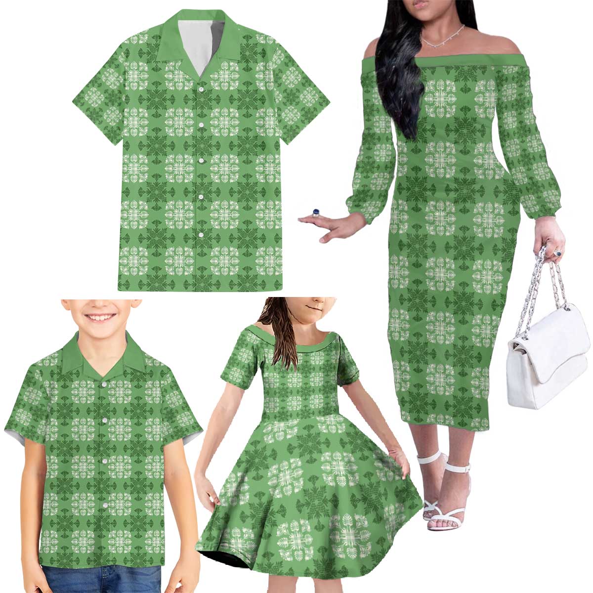Green Hawaiian Quilt Family Matching Off The Shoulder Long Sleeve Dress and Hawaiian Shirt Hawaii Pineapple Monstera Palaka Motifs - Polynesian Pride
