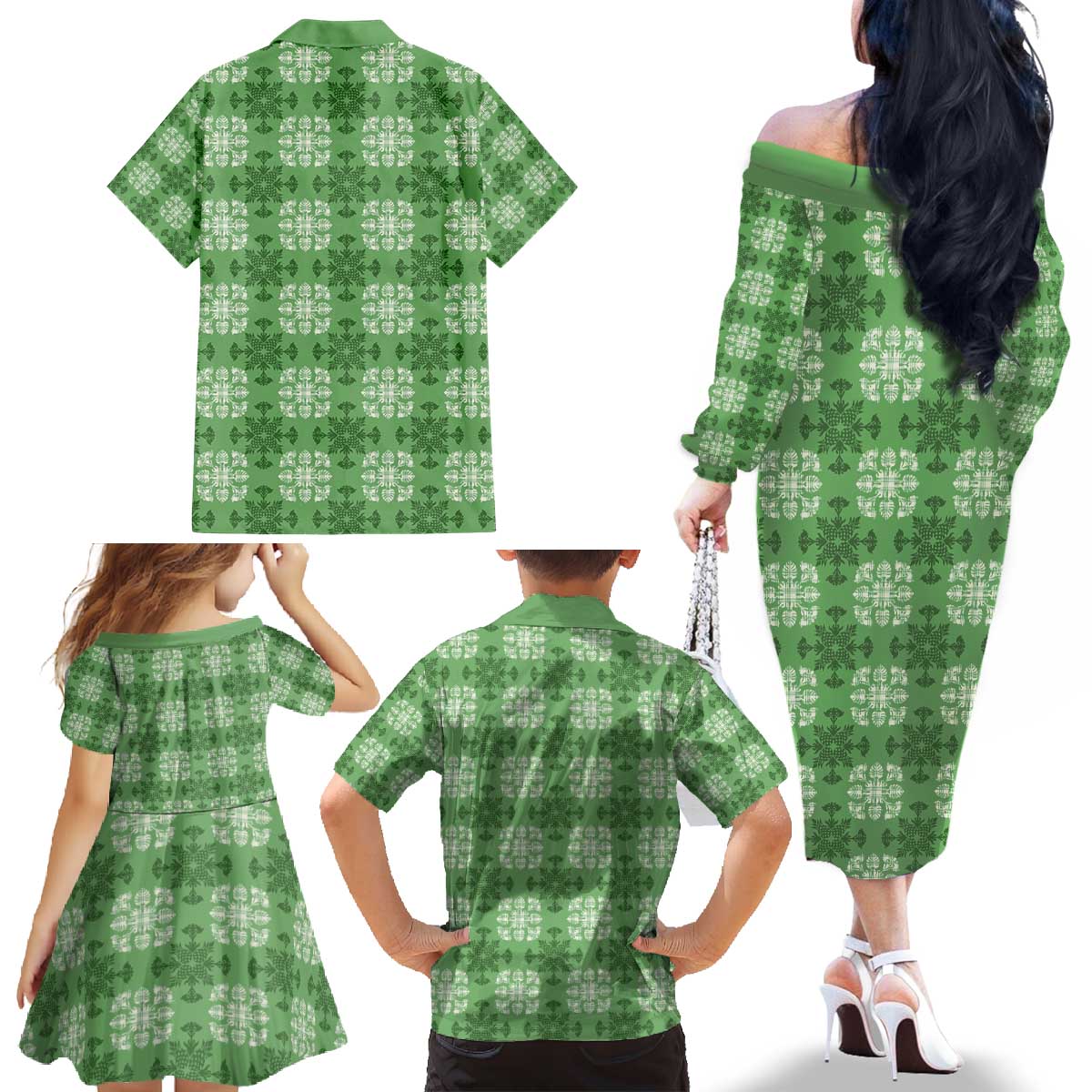 Green Hawaiian Quilt Family Matching Off The Shoulder Long Sleeve Dress and Hawaiian Shirt Hawaii Pineapple Monstera Palaka Motifs - Polynesian Pride