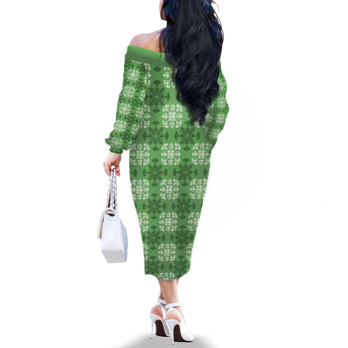 Green Hawaiian Quilt Family Matching Off The Shoulder Long Sleeve Dress and Hawaiian Shirt Hawaii Pineapple Monstera Palaka Motifs - Polynesian Pride