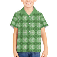 Green Hawaiian Quilt Family Matching Off Shoulder Short Dress and Hawaiian Shirt Hawaii Pineapple Monstera Palaka Motifs - Polynesian Pride