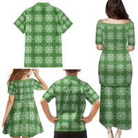 Green Hawaiian Quilt Family Matching Puletasi and Hawaiian Shirt Hawaii Pineapple Monstera Palaka Motifs - Polynesian Pride