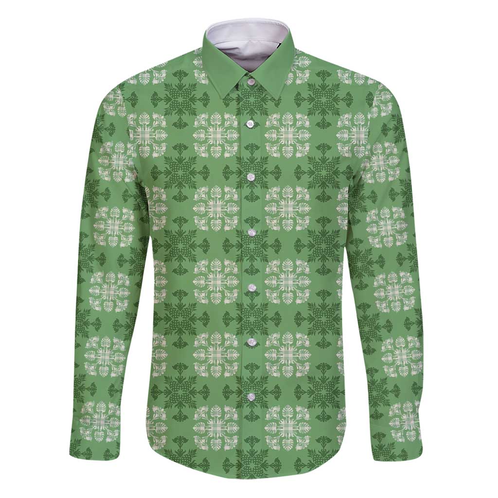 Green Hawaiian Quilt Family Matching Puletasi and Hawaiian Shirt Hawaii Pineapple Monstera Palaka Motifs - Polynesian Pride