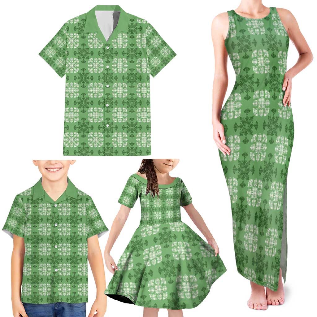 Green Hawaiian Quilt Family Matching Tank Maxi Dress and Hawaiian Shirt Hawaii Pineapple Monstera Palaka Motifs - Polynesian Pride