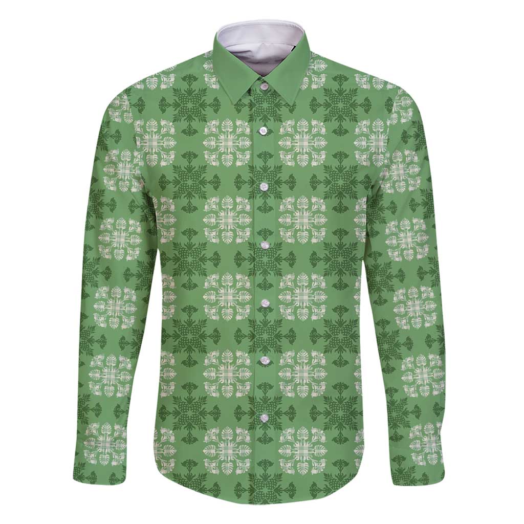 Green Hawaiian Quilt Family Matching Tank Maxi Dress and Hawaiian Shirt Hawaii Pineapple Monstera Palaka Motifs - Polynesian Pride