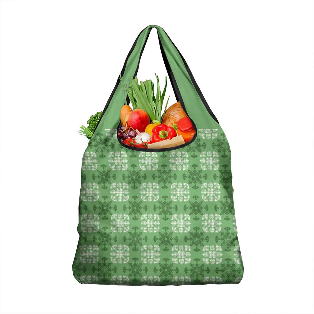 Green Hawaiian Quilt Grocery Bag Hawaii Pineapple Monstera Palaka Motifs - Polynesian Pride