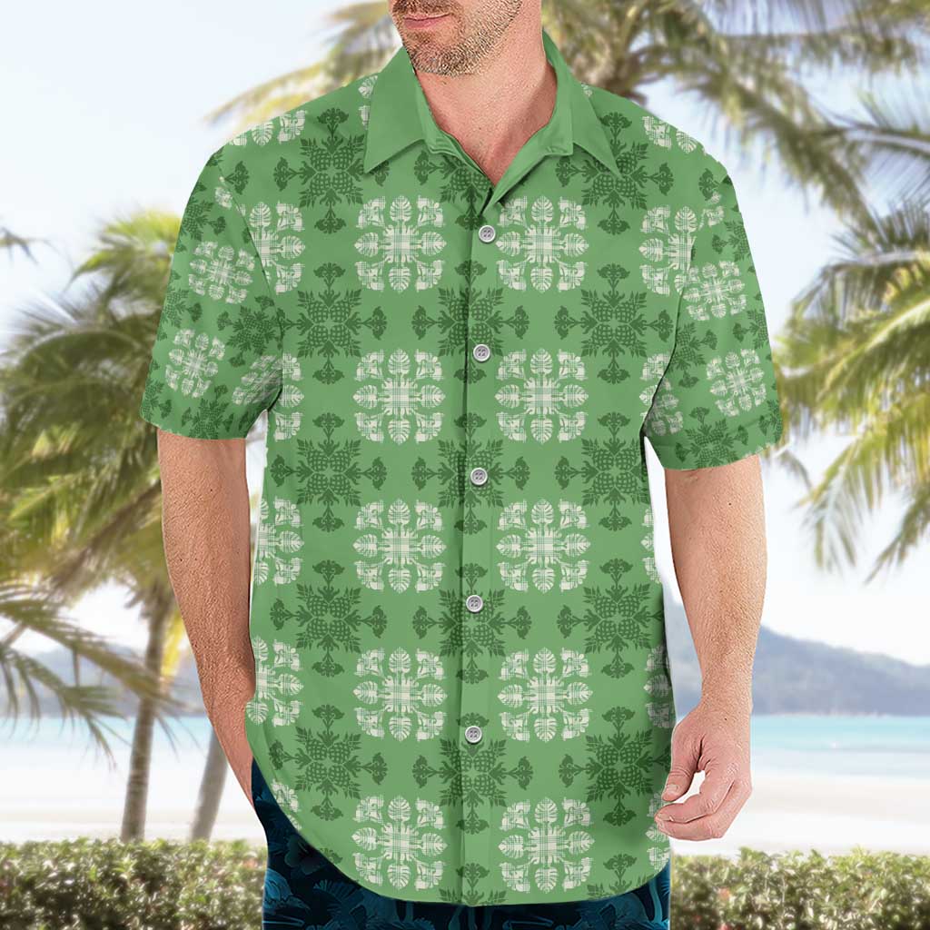 Green Hawaiian Quilt Hawaiian Shirt Hawaii Pineapple Monstera Palaka Motifs - Polynesian Pride