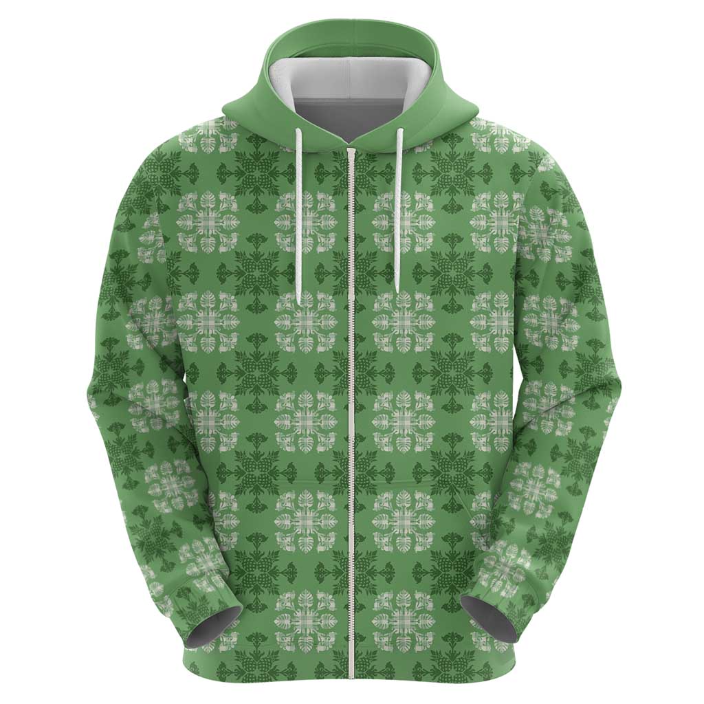 Green Hawaiian Quilt Hoodie Hawaii Pineapple Monstera Palaka Motifs - Polynesian Pride