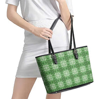 Green Hawaiian Quilt Leather Tote Bag Hawaii Pineapple Monstera Palaka Motifs - Polynesian Pride