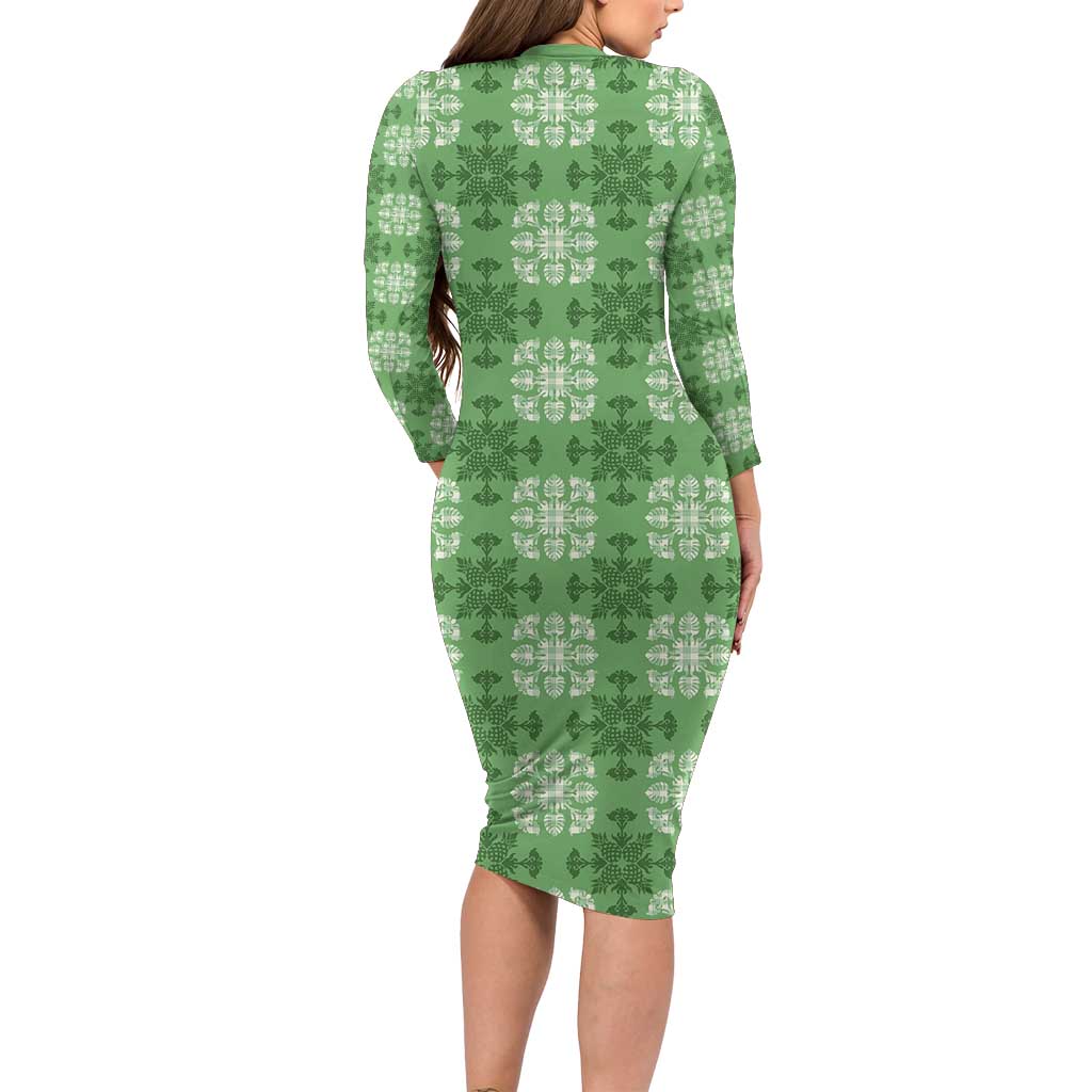 Green Hawaiian Quilt Long Sleeve Bodycon Dress Hawaii Pineapple Monstera Palaka Motifs - Polynesian Pride