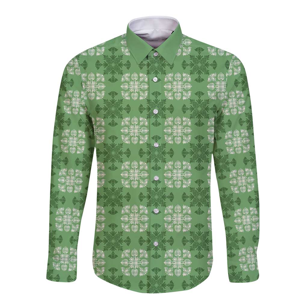 Green Hawaiian Quilt Long Sleeve Button Shirt Hawaii Pineapple Monstera Palaka Motifs - Polynesian Pride