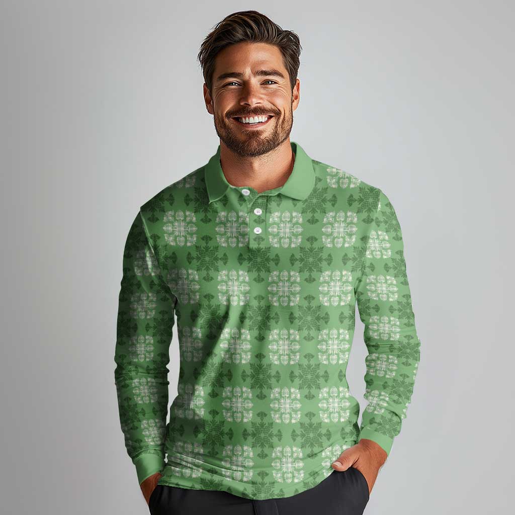 Green Hawaiian Quilt Long Sleeve Polo Shirt Hawaii Pineapple Monstera Palaka Motifs - Polynesian Pride