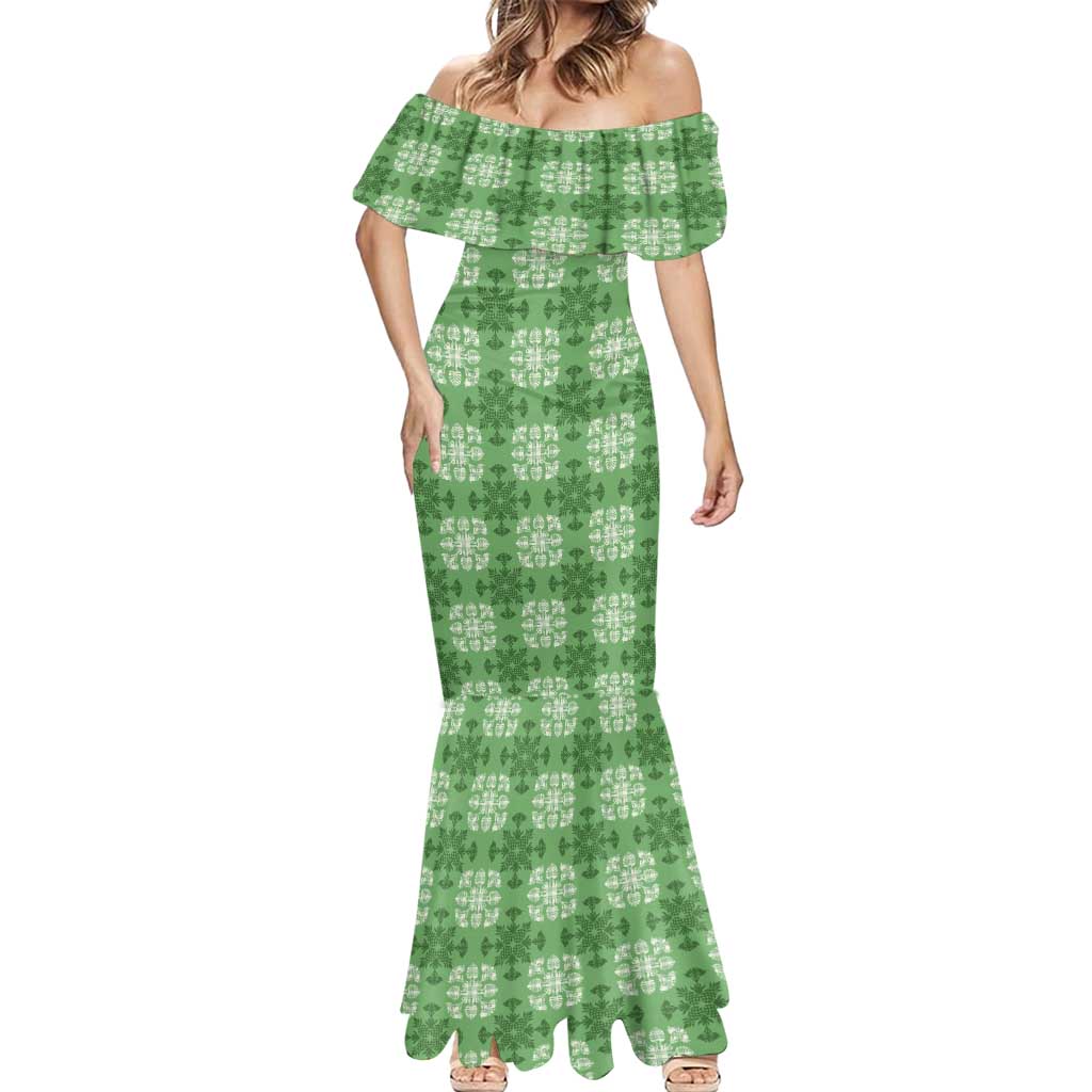 Green Hawaiian Quilt Mermaid Dress Hawaii Pineapple Monstera Palaka Motifs - Polynesian Pride