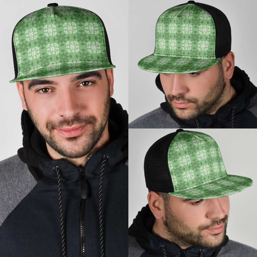 Green Hawaiian Quilt Mesh Trucker Cap Hawaii Pineapple Monstera Palaka Motifs - Polynesian Pride