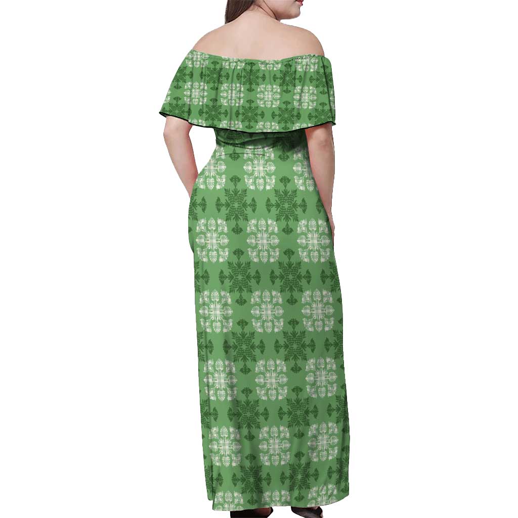 Green Hawaiian Quilt Off Shoulder Maxi Dress Hawaii Pineapple Monstera Palaka Motifs - Polynesian Pride