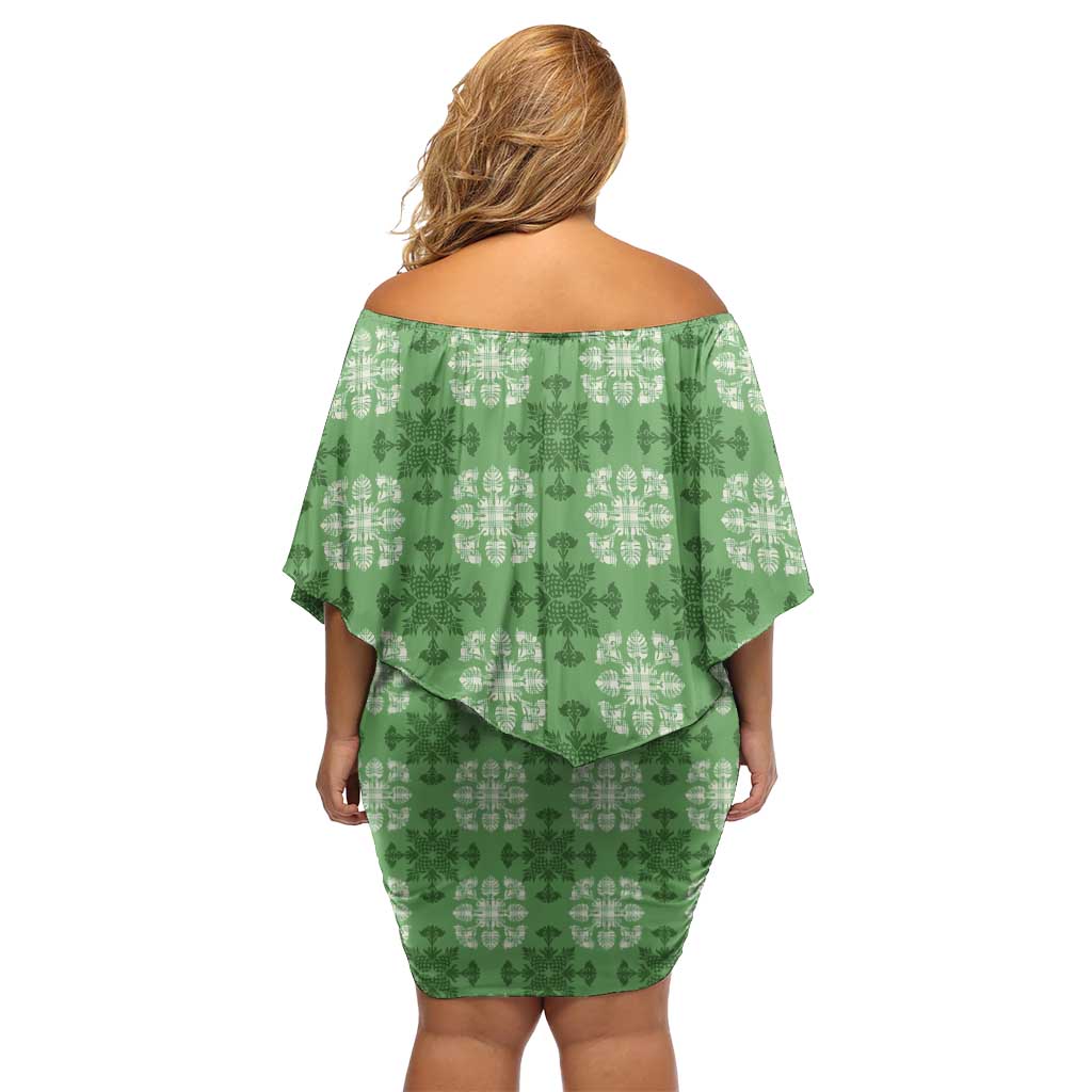Green Hawaiian Quilt Off Shoulder Short Dress Hawaii Pineapple Monstera Palaka Motifs - Polynesian Pride