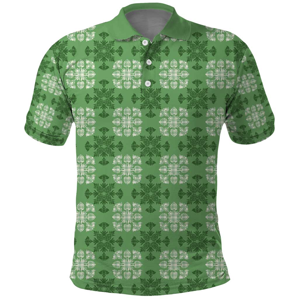 Green Hawaiian Quilt Polo Shirt Hawaii Pineapple Monstera Palaka Motifs - Polynesian Pride