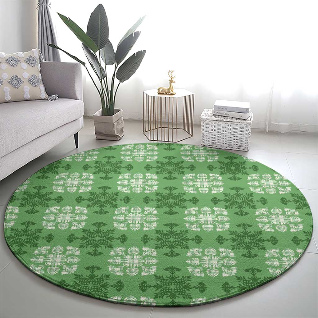 Green Hawaiian Quilt Round Carpet Hawaii Pineapple Monstera Palaka Motifs - Polynesian Pride