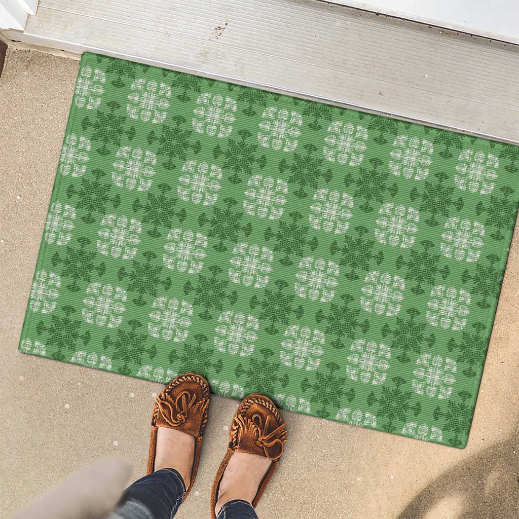Green Hawaiian Quilt Rubber Doormat Hawaii Pineapple Monstera Palaka Motifs - Polynesian Pride