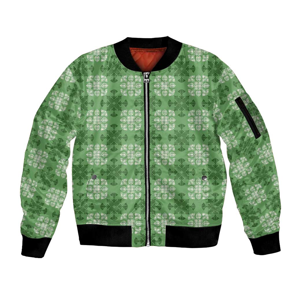Green Hawaiian Quilt Sleeve Zip Bomber Jacket Hawaii Pineapple Monstera Palaka Motifs - Polynesian Pride