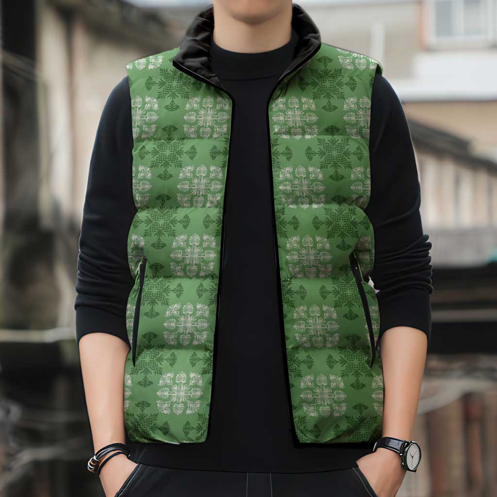 Green Hawaiian Quilt Sleeveless Puffer Jacket Hawaii Pineapple Monstera Palaka Motifs - Polynesian Pride