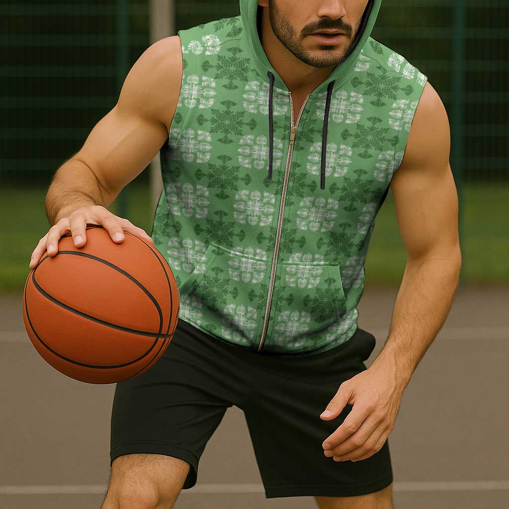 Green Hawaiian Quilt Sleeveless Zip Hoodie Hawaii Pineapple Monstera Palaka Motifs - Polynesian Pride