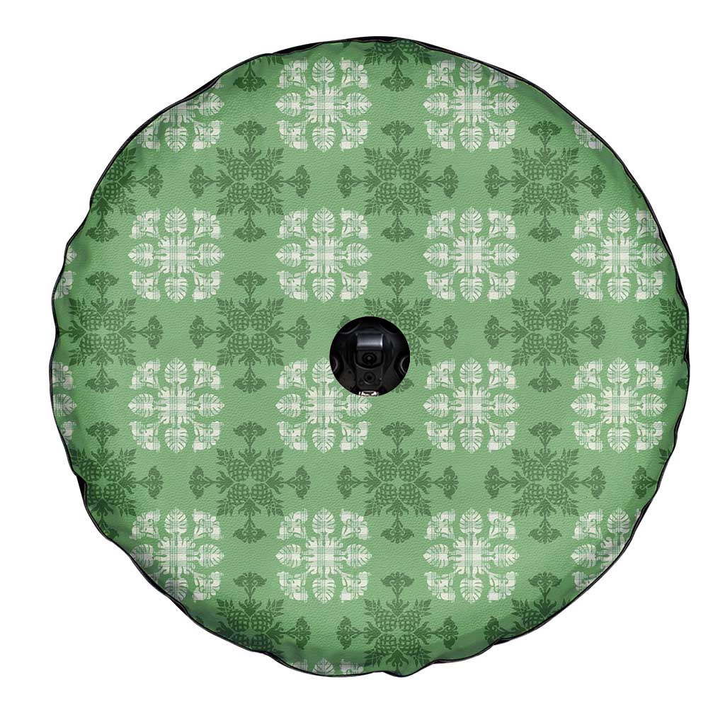 Green Hawaiian Quilt Spare Tire Cover Hawaii Pineapple Monstera Palaka Motifs - Polynesian Pride