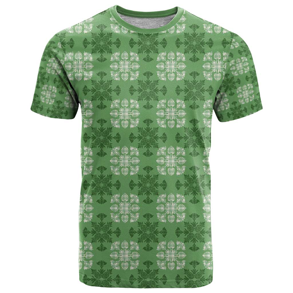 Green Hawaiian Quilt T Shirt Hawaii Pineapple Monstera Palaka Motifs - Polynesian Pride