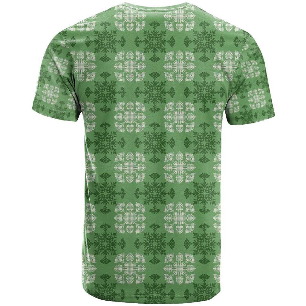 Green Hawaiian Quilt T Shirt Hawaii Pineapple Monstera Palaka Motifs - Polynesian Pride