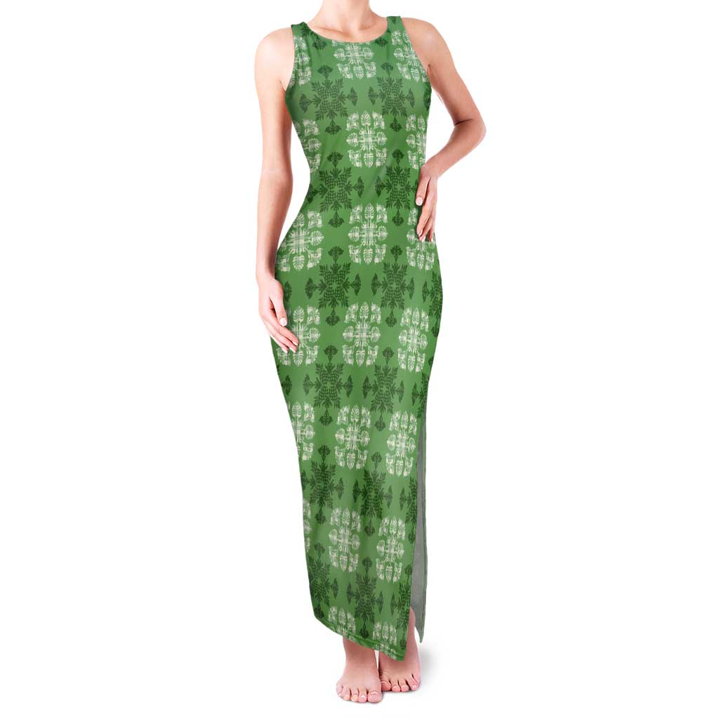 Green Hawaiian Quilt Tank Maxi Dress Hawaii Pineapple Monstera Palaka Motifs - Polynesian Pride