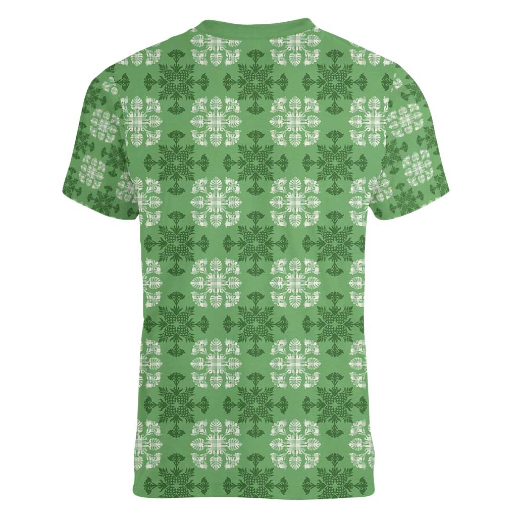 Green Hawaiian Quilt Women V-Neck T-Shirt Hawaii Pineapple Monstera Palaka Motifs - Polynesian Pride