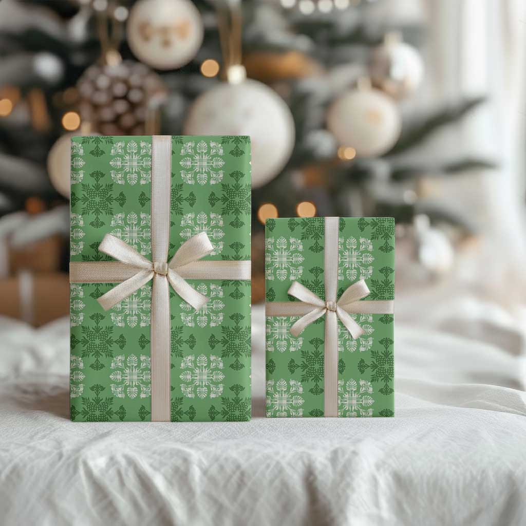 Green Hawaiian Quilt Wrapping Paper Hawaii Pineapple Monstera Palaka Motifs - Polynesian Pride