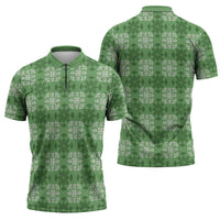 Green Hawaiian Quilt Zipper Polo Shirt Hawaii Pineapple Monstera Palaka Motifs - Polynesian Pride
