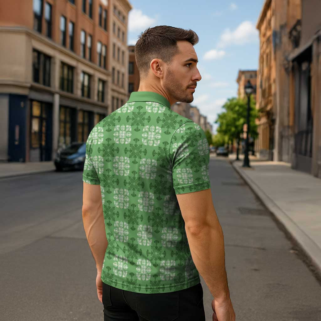 Green Hawaiian Quilt Zipper Polo Shirt Hawaii Pineapple Monstera Palaka Motifs - Polynesian Pride