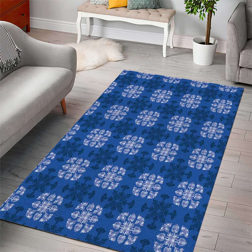 Royal Blue Hawaiian Quilt Area Rug Hawaii Pineapple Monstera Palaka Motifs - Polynesian Pride