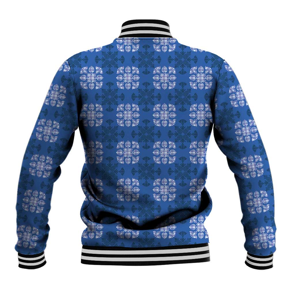 Royal Blue Hawaiian Quilt Baseball Jacket Hawaii Pineapple Monstera Palaka Motifs - Polynesian Pride