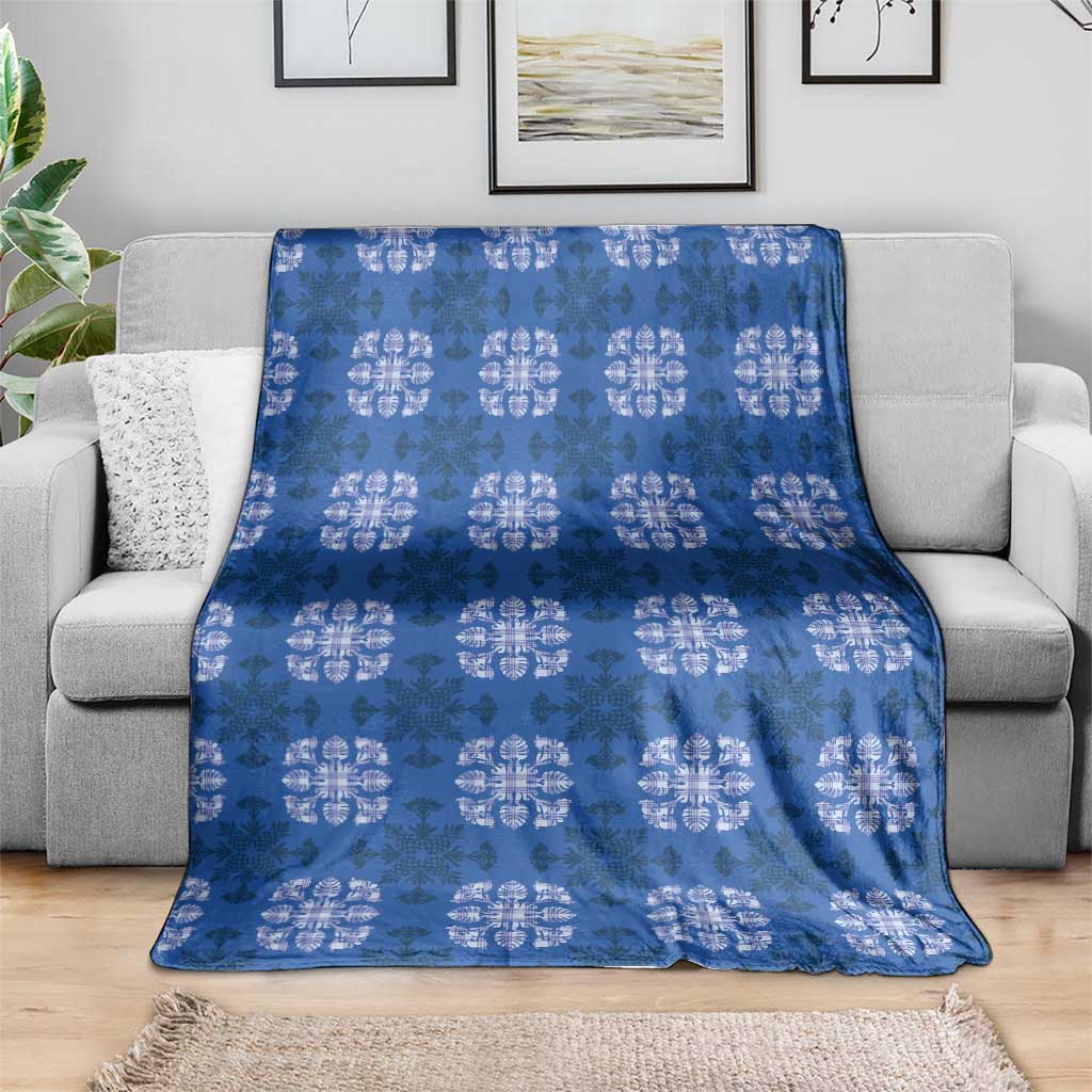 Royal Blue Hawaiian Quilt Blanket Hawaii Pineapple Monstera Palaka Motifs - Polynesian Pride