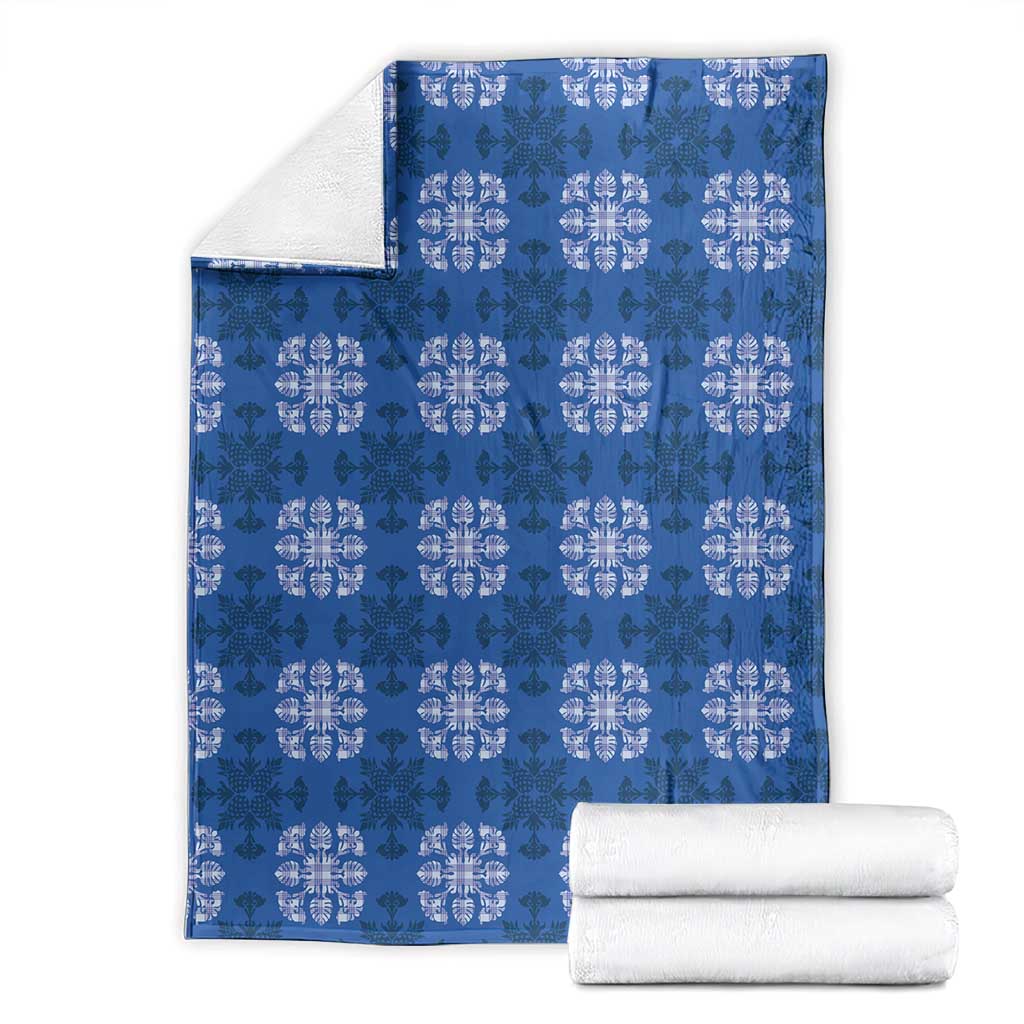 Royal Blue Hawaiian Quilt Blanket Hawaii Pineapple Monstera Palaka Motifs - Polynesian Pride
