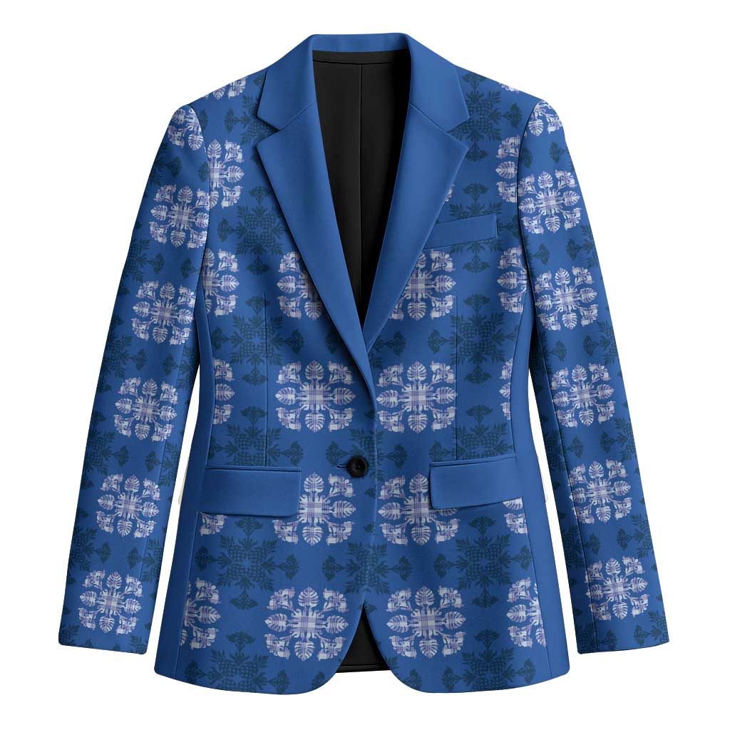 Royal Blue Hawaiian Quilt Blazer Hawaii Pineapple Monstera Palaka Motifs - Polynesian Pride