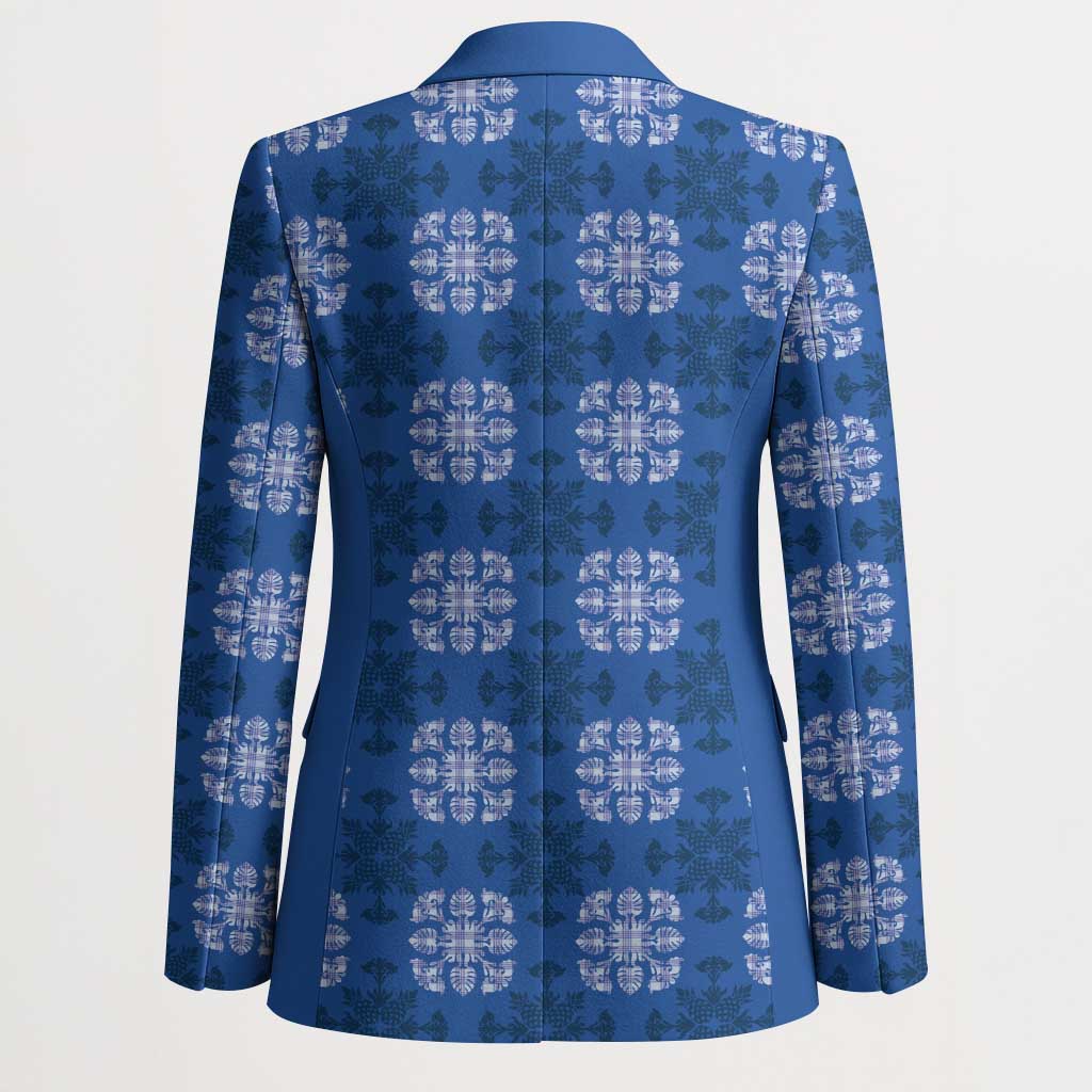 Royal Blue Hawaiian Quilt Blazer Hawaii Pineapple Monstera Palaka Motifs - Polynesian Pride