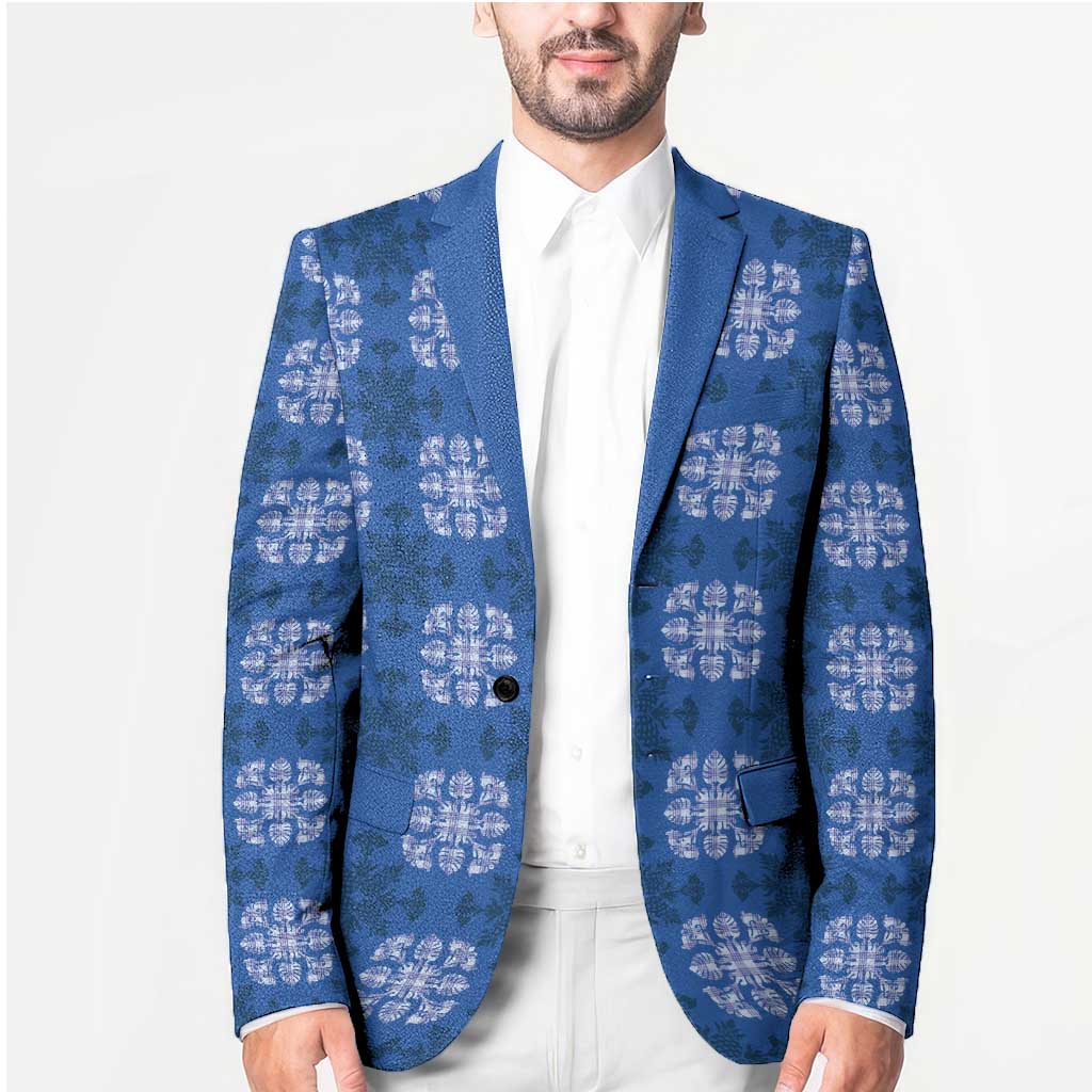 Royal Blue Hawaiian Quilt Blazer Hawaii Pineapple Monstera Palaka Motifs - Polynesian Pride