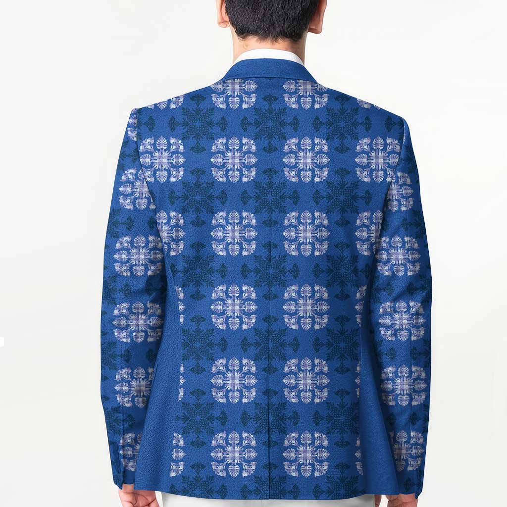 Royal Blue Hawaiian Quilt Blazer Hawaii Pineapple Monstera Palaka Motifs - Polynesian Pride