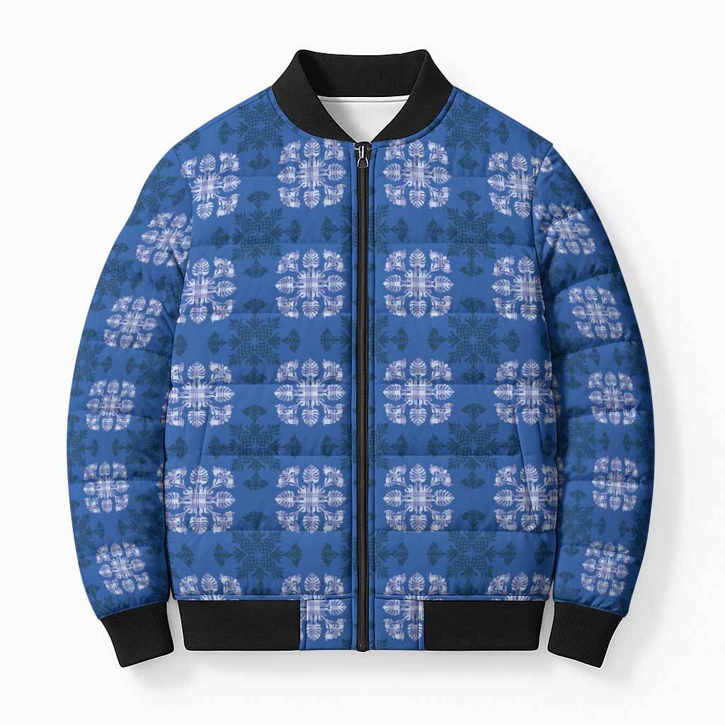 Royal Blue Hawaiian Quilt Bomber Puffer Jacket Hawaii Pineapple Monstera Palaka Motifs - Polynesian Pride