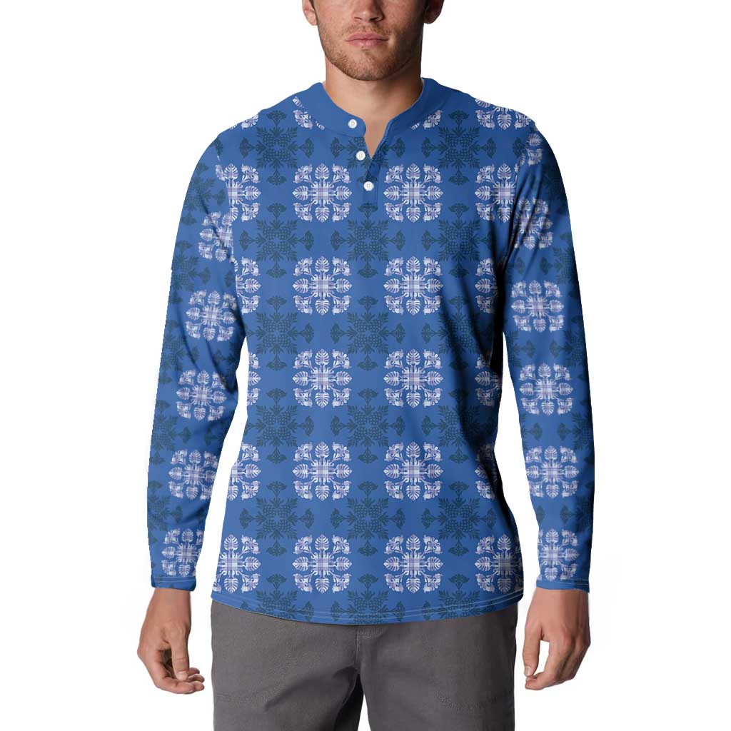 Royal Blue Hawaiian Quilt Button Sweatshirt Hawaii Pineapple Monstera Palaka Motifs - Polynesian Pride