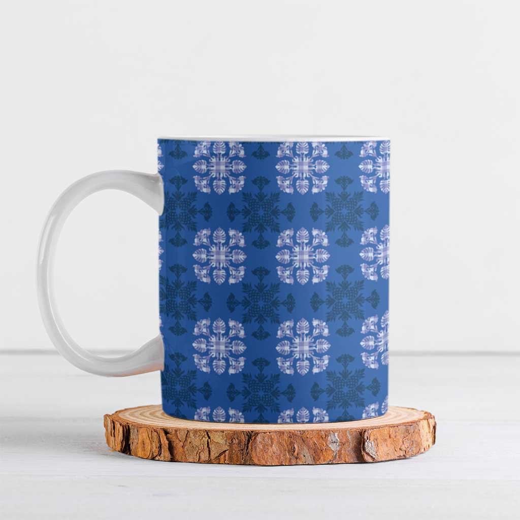 Royal Blue Hawaiian Quilt Ceramic Mug Hawaii Pineapple Monstera Palaka Motifs - Polynesian Pride